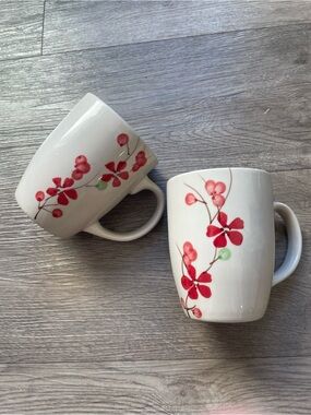 Pier 1 Imports 2pc Coffee Cup Mug Set Red Floral Hand Painted